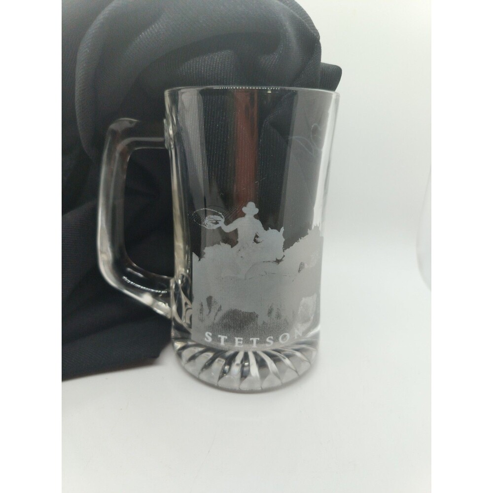Vintage Stetson Etched Horse Cowboy Glass Mug Cup 6" Tall